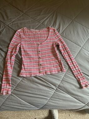 Aeropostale Pink & White Striped Scoop Button-Front Top